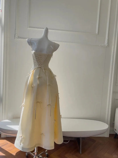 Sweet Ball Gown Spaghetti Straps Bow Detail Cream Midi Prom Dress For Sale