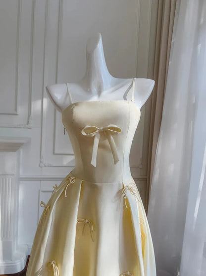 Sweet Ball Gown Spaghetti Straps Bow Detail Cream Midi Prom Dress For Sale