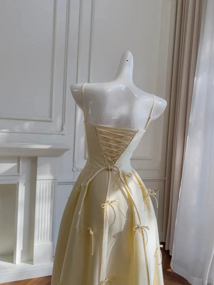 Sweet Ball Gown Spaghetti Straps Bow Detail Cream Midi Prom Dress For Sale