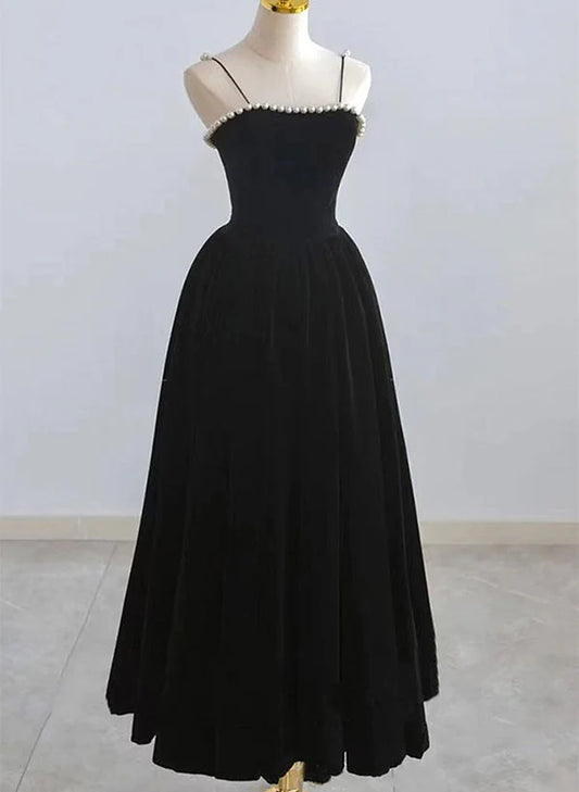 Black Tea Legnth Straps A-line Wedding Party Dress