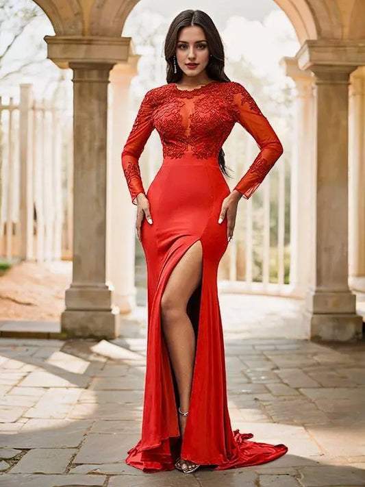 Trumpet/Mermaid Applique Scoop Long Sleeves Sweep Train Dresses Prom Dresses With Slit