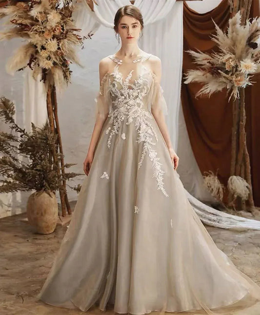 Unique A Line Round Neck Dropped Shoulder Sleeves Tulle Chapel Train Prom Dress