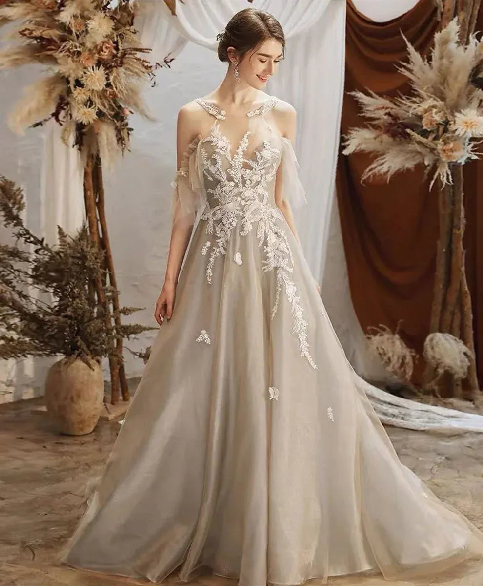 Unique A Line Round Neck Dropped Shoulder Sleeves Tulle Chapel Train Prom Dress