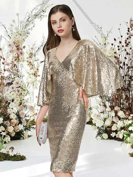 Cocktail Party Dress V Neck Half Sleeve Knee Length Sequined with Sleek