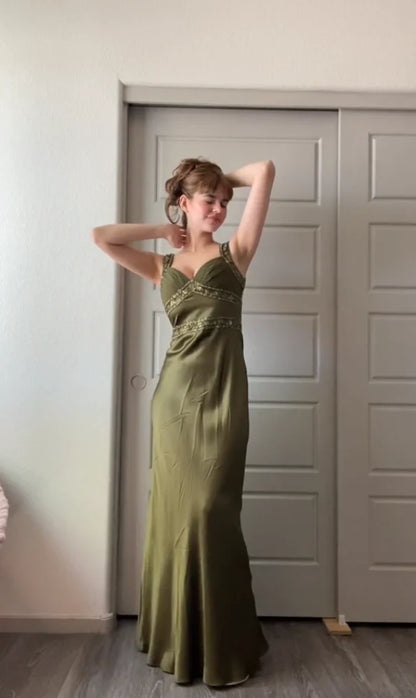 V Neck Elegant Sheath Olive Green Prom Dresses Long Formal Dress