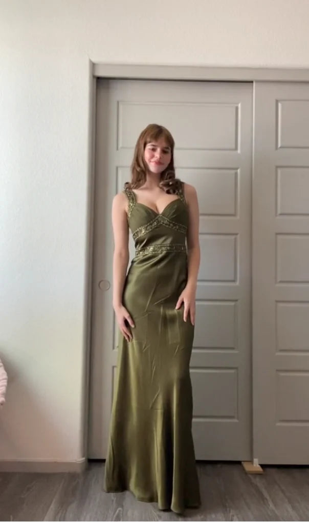 V Neck Elegant Sheath Olive Green Prom Dresses Long Formal Dress
