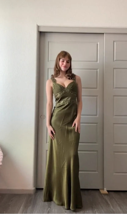 V Neck Elegant Sheath Olive Green Prom Dresses Long Formal Dress