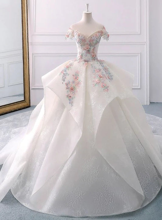 V Neck Stunning Off The Shoulder Flower Ball Gown Lace Wedding Dress With Long Train