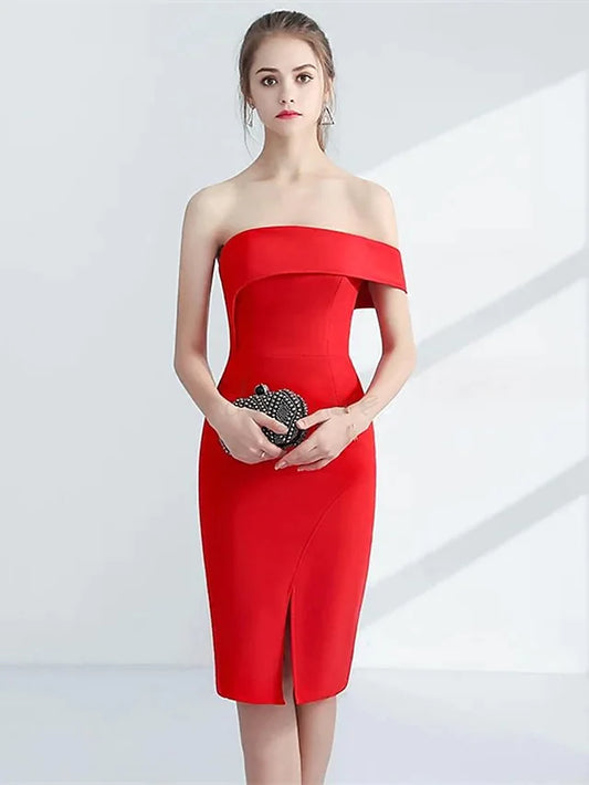 Minimalist Elegant Engagement Cocktail Party Dress Strapless Sleeveless Knee Length with Sleek Split