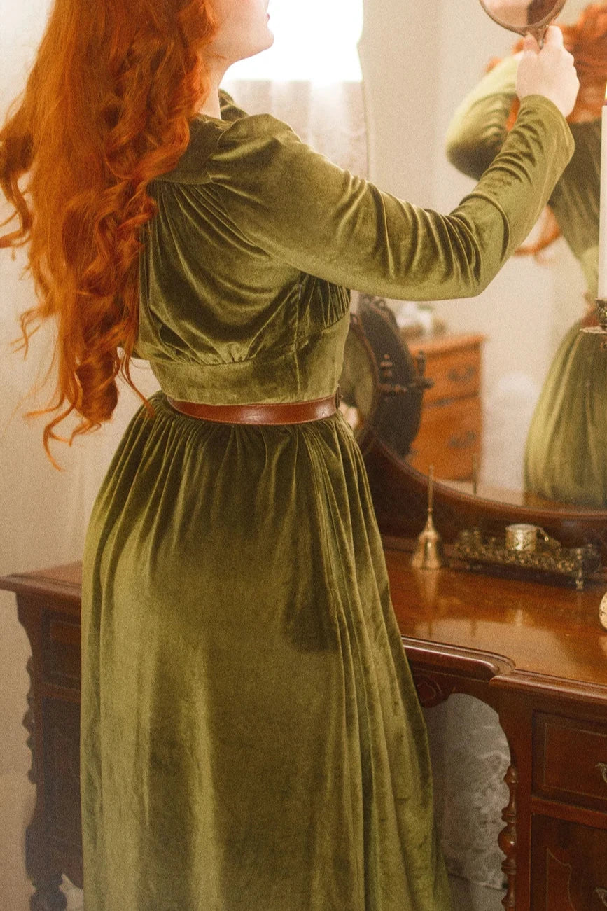 Velvet Green Velvet Dress A Line Dress Velvet Dress With Button Long Sleeve Dress Spring and Autumn Dress Party Dress Prom Dress