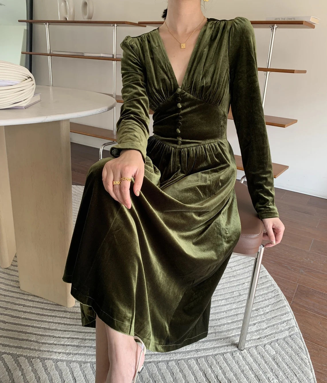 Velvet Green Velvet Dress A Line Dress Velvet Dress With Button Long Sleeve Dress Spring and Autumn Dress Party Dress Prom Dress