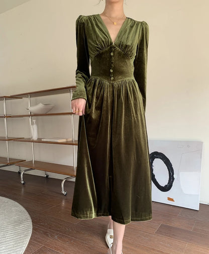 Velvet Green Velvet Dress A Line Dress Velvet Dress With Button Long Sleeve Dress Spring and Autumn Dress Party Dress Prom Dress