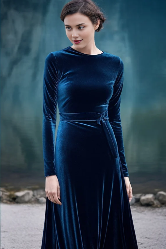 Velvet Midi Dress Long Sleeves Crew Neck Design Closed Back Includes Self-Tie Belt Below Knee Length Fall Fashion Prom Dress