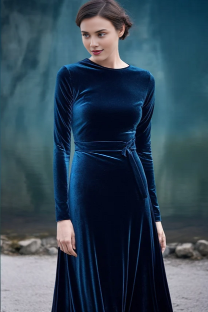 Velvet Midi Dress Long Sleeves Crew Neck Design Closed Back Includes Self-Tie Belt Below Knee Length Fall Fashion Prom Dress