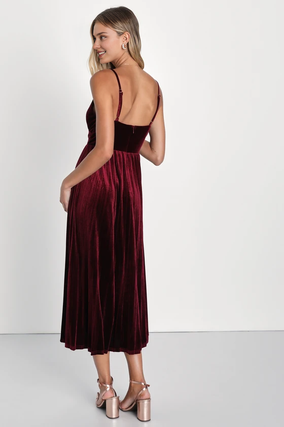 Xuewuba Formal Women's Dresses Charmer Burgundy Velvet Sleeveless Pleated Midi Dress Prom Dresses Stores