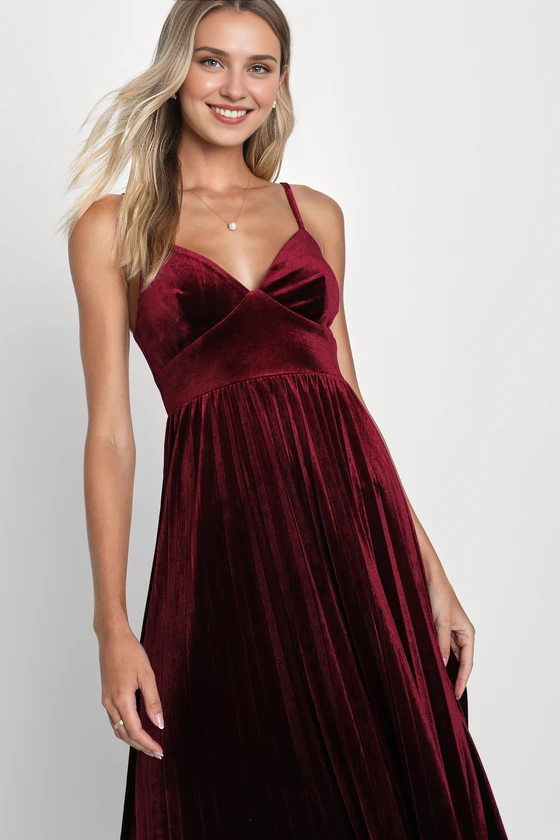 Xuewuba Formal Women's Dresses Charmer Burgundy Velvet Sleeveless Pleated Midi Dress Prom Dresses Stores