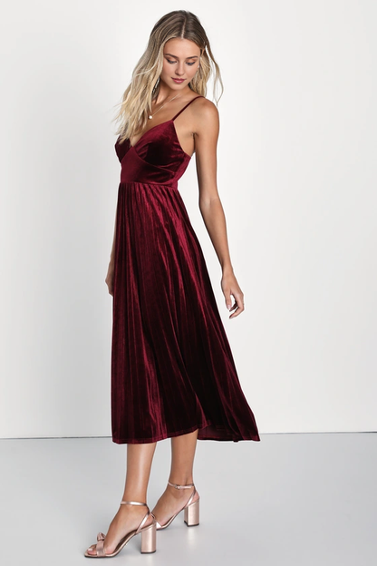 Xuewuba Formal Women's Dresses Charmer Burgundy Velvet Sleeveless Pleated Midi Dress Prom Dresses Stores