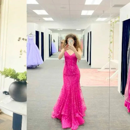 Vibrant Mermaid Spaghetti Straps Sequin Hot Pink Train Prom Dress For Sale