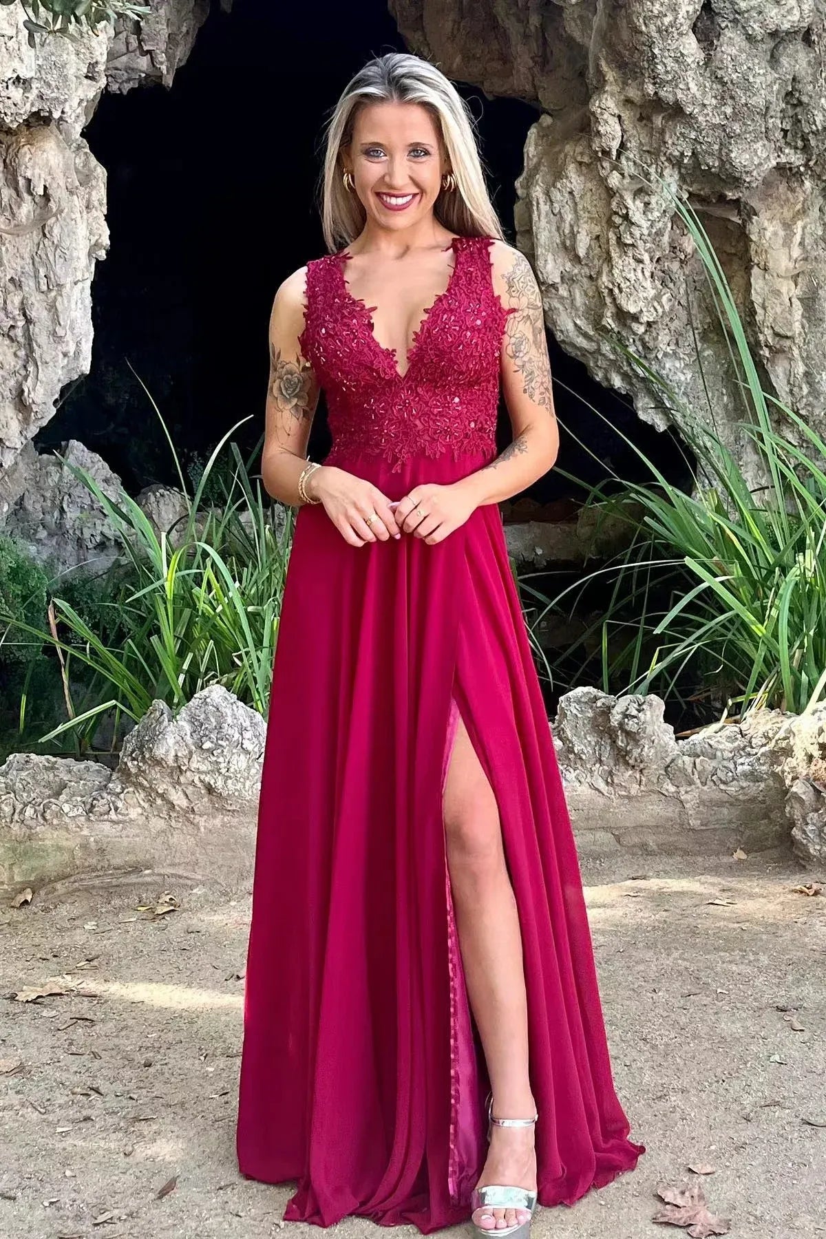 Vintage A-Line V Neck Sleeveless Backless Floor-Length Prom Dress
