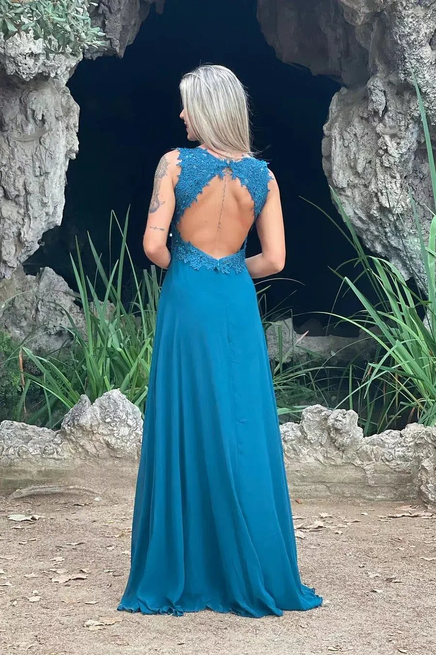 Vintage A-Line V Neck Sleeveless Backless Floor-Length Prom Dress