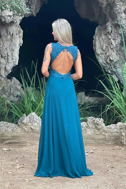 Vintage A-Line V Neck Sleeveless Backless Floor-Length Prom Dress