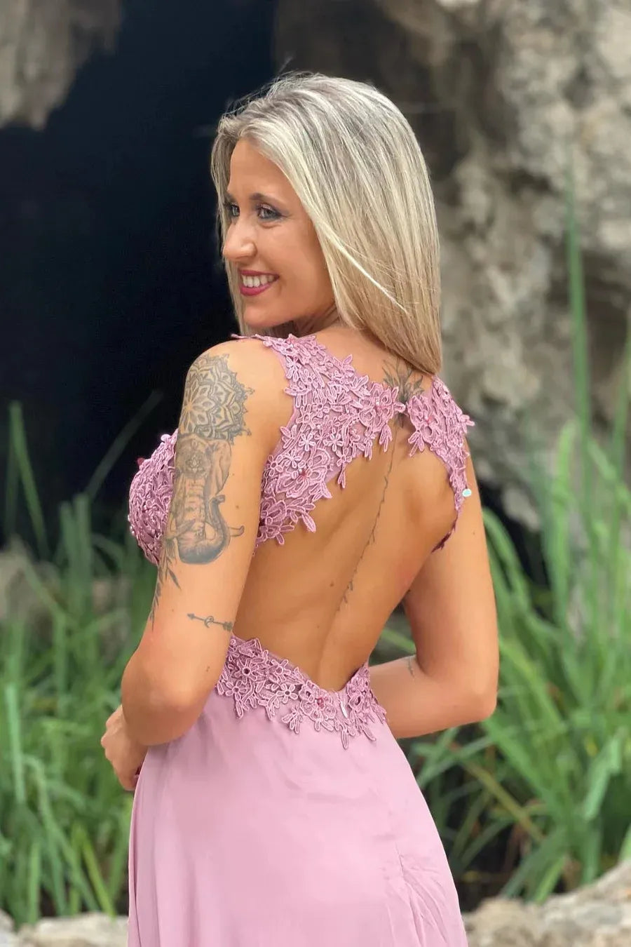 Vintage A-Line V Neck Sleeveless Backless Floor-Length Prom Dress