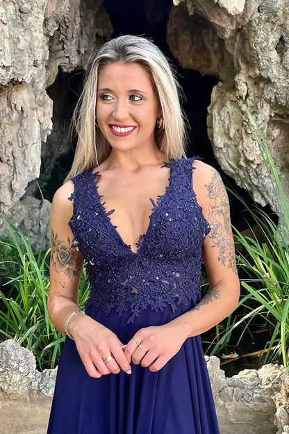 Vintage A-Line V Neck Sleeveless Backless Floor-Length Prom Dress