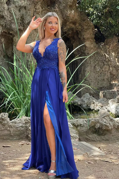 Vintage A-Line V Neck Sleeveless Backless Floor-Length Prom Dress