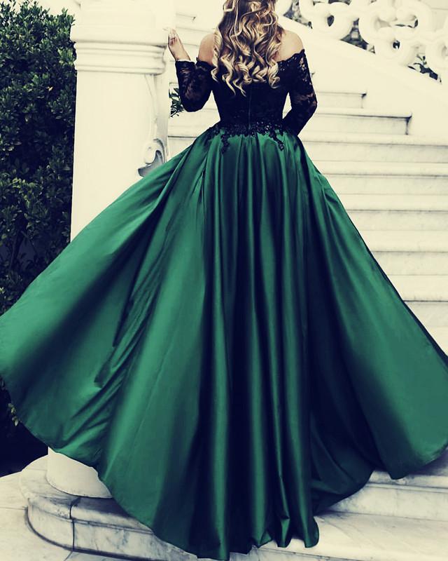 Vintage A Line Off Shoulder Long Sleeve Zipper Up Floor-Length Prom Dress