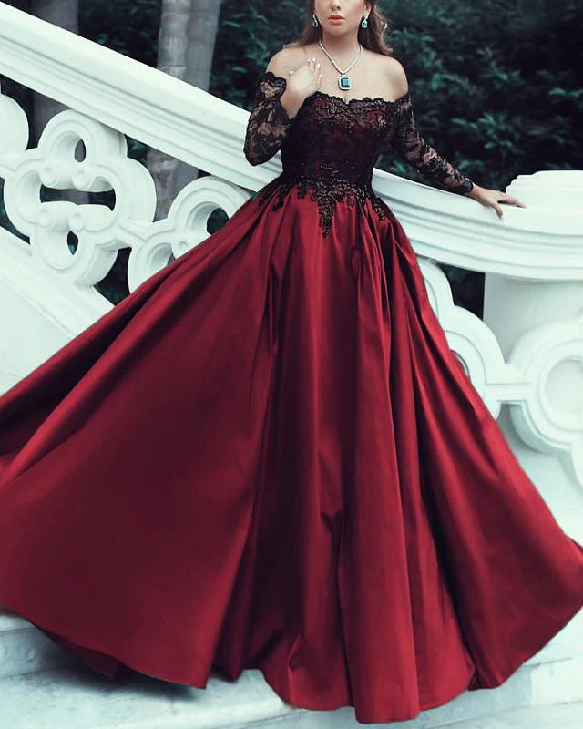 Vintage A Line Off Shoulder Long Sleeve Zipper Up Floor-Length Prom Dress