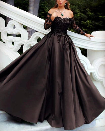 Vintage A Line Off Shoulder Long Sleeve Zipper Up Floor-Length Prom Dress