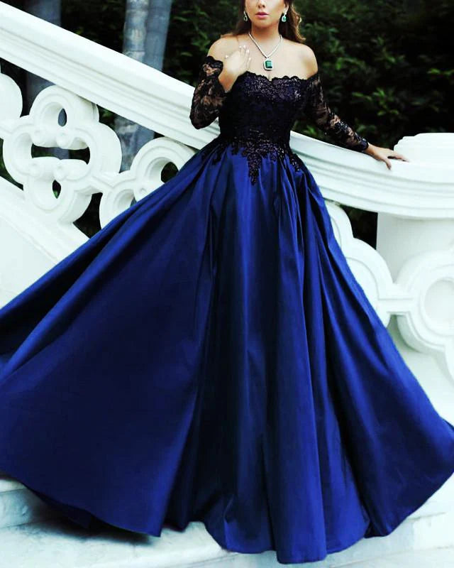 Vintage A Line Off Shoulder Long Sleeve Zipper Up Floor-Length Prom Dress