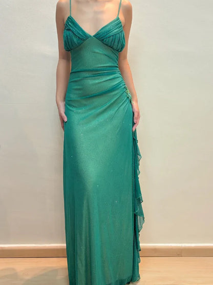 Vintage A Line Spaghetti Strap Sleeveless Open Back Floor-Length Prom Dresses