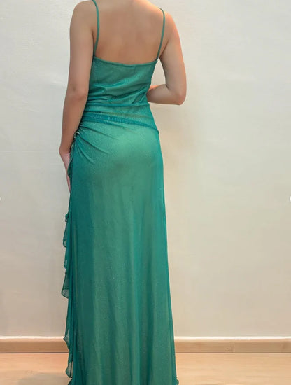 Vintage A Line Spaghetti Strap Sleeveless Open Back Floor-Length Prom Dresses