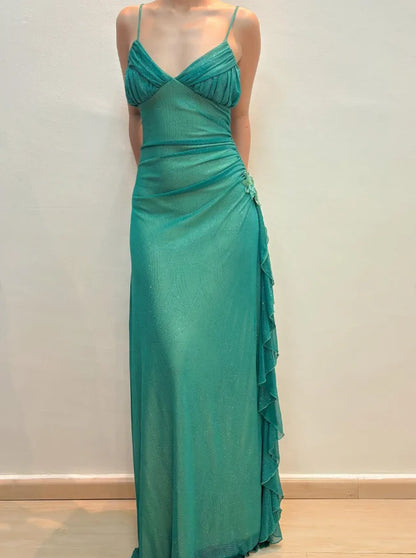 Vintage A Line Spaghetti Strap Sleeveless Open Back Floor-Length Prom Dresses