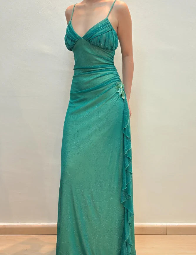 Vintage A Line Spaghetti Strap Sleeveless Open Back Floor-Length Prom Dresses