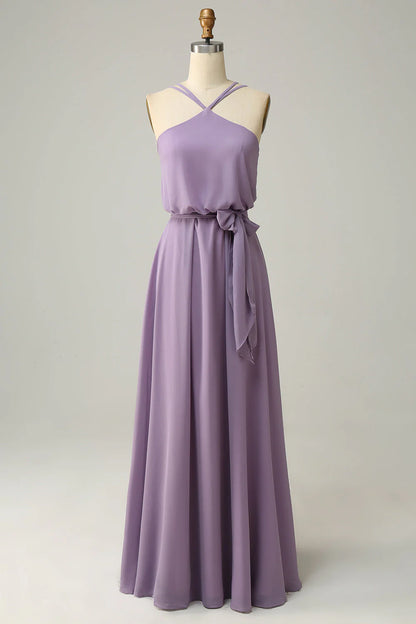 A-Line Halter Long Bridemaid Dress With Bowknot