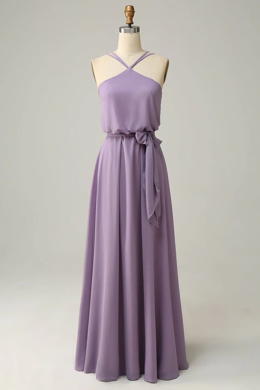 A-Line Halter Long Bridemaid Dress With Bowknot