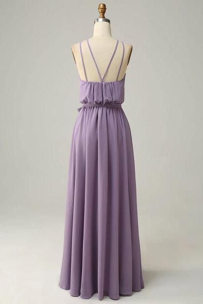 A-Line Halter Long Bridemaid Dress With Bowknot