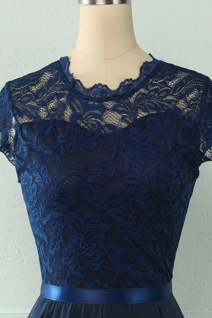 A-Line Round Neck Lace Bridesmaid Dress With Short Sleeved