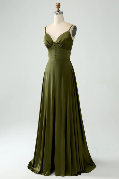 A-Line Spaghetti Straps Satin Long Bridesamid Dress
