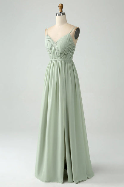 A-Line Chiffon Spaghetti Straps Long Bridesmaid Dress With Slit
