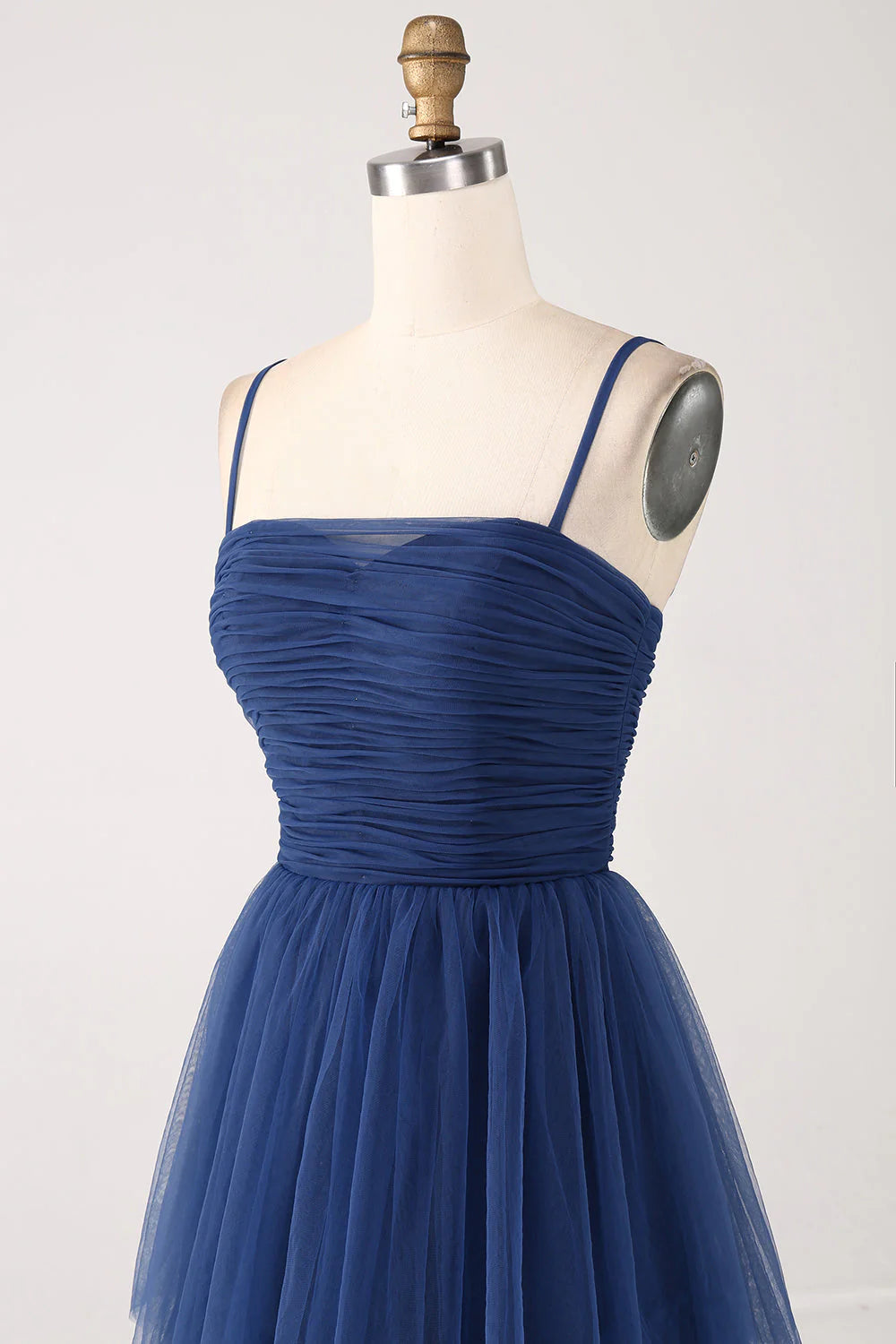A Line Spaghetti Straps Navy Tiered Tulle Pleated Prom Dress With Slit