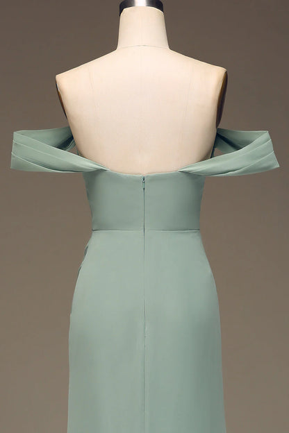Off The Shoulder Sheath Chiffon Pleated Long Bridesmaid Dress