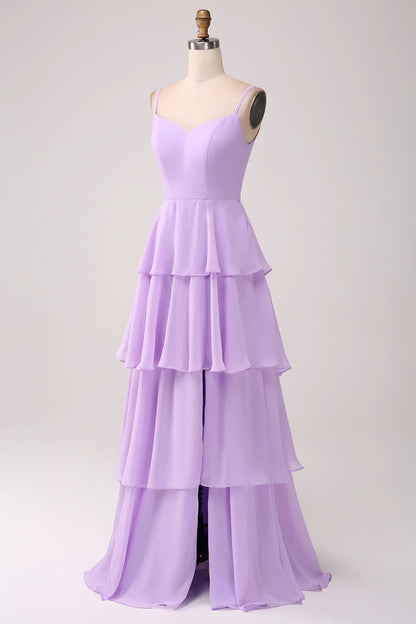 A Line Spaghetti Straps Tiered Chiffon Bridesmaid Dress With Slit