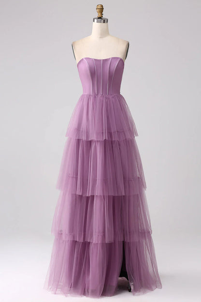 A Line Tulle Tiered Pleated Long Prom Dress With Slit