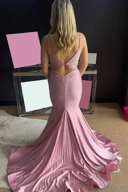 Spaghetti Straps Keyhole Beaded Long  Light Pink  Prom Dress