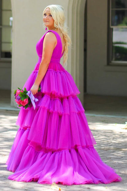 Purple A-LineTiered Tulle Prom Dress