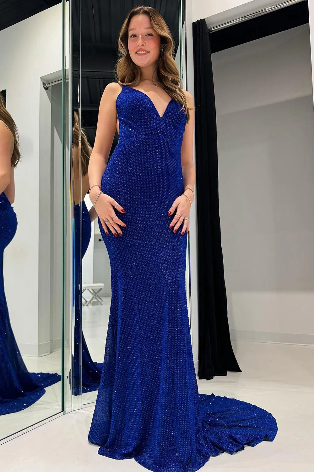 Mermaid Spaghetti Straps Royal Blue  Glitter Prom Dress