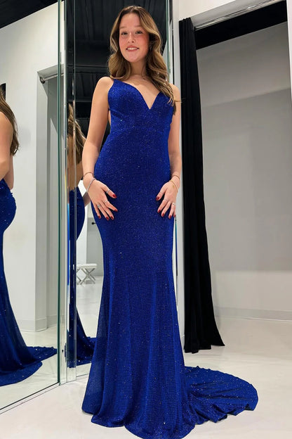 Mermaid Spaghetti Straps Royal Blue  Glitter Prom Dress